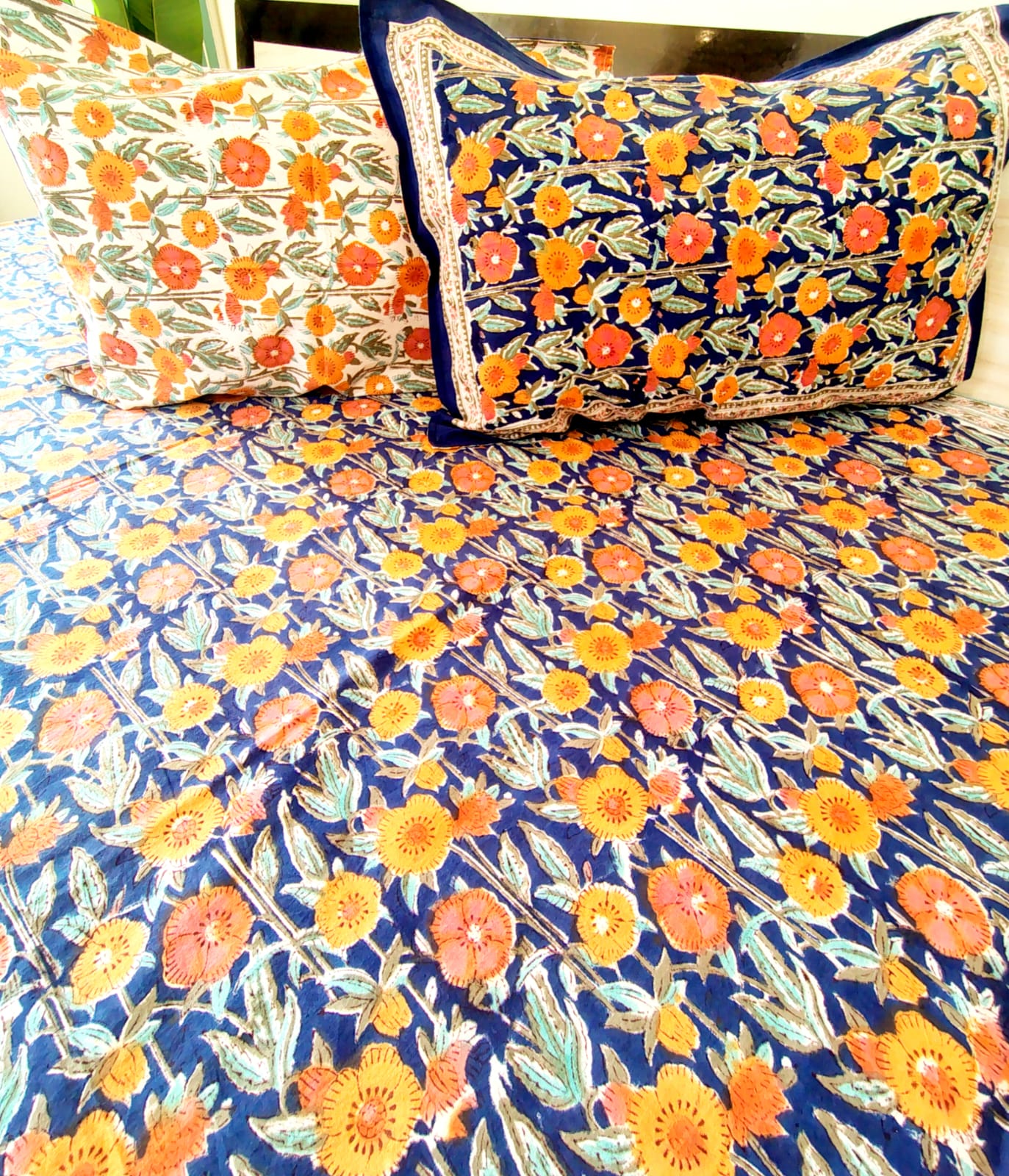 Orange Marie Block Print Bedsheet and Bedcover - 4 Piece Combo