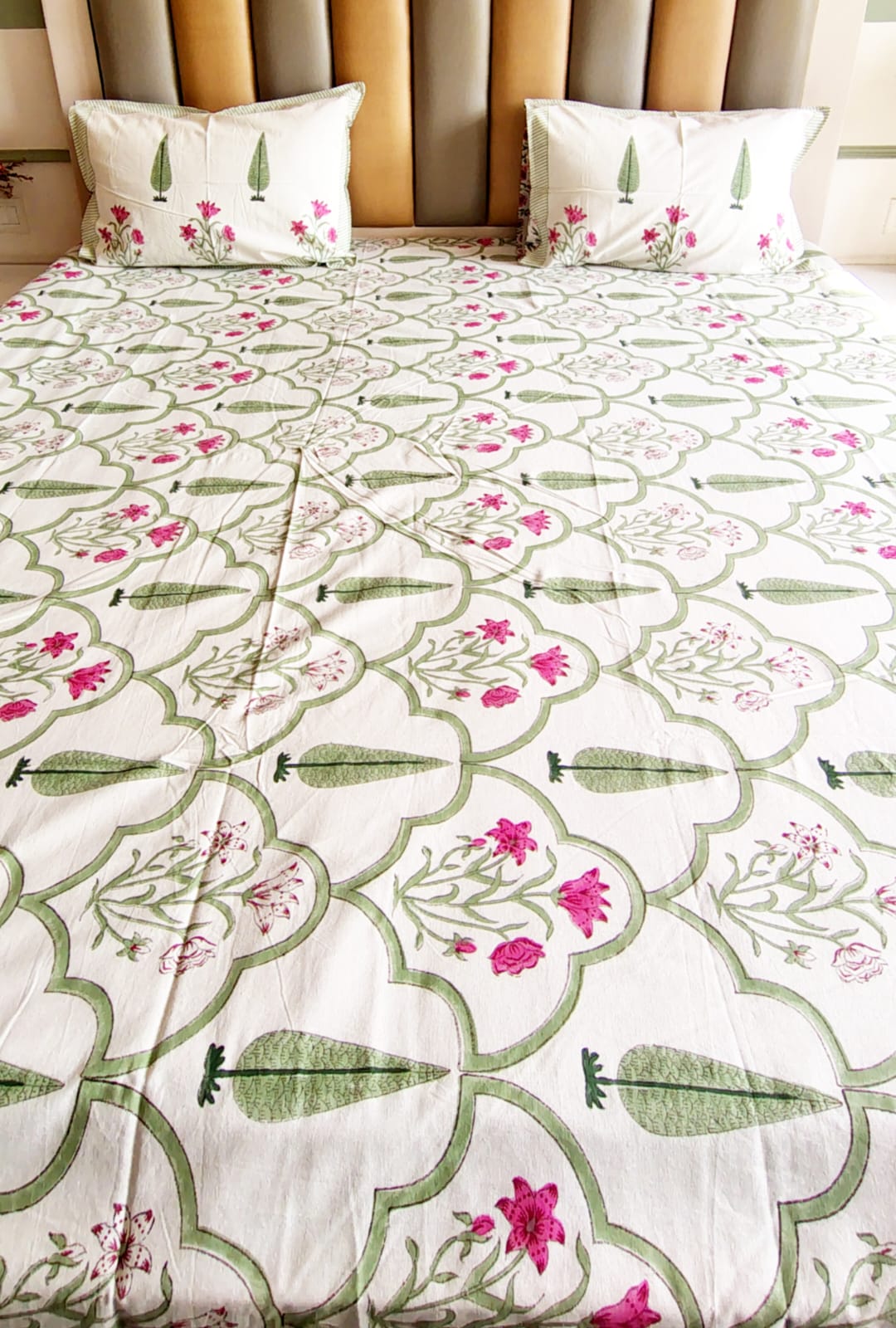 Pine Tree Block Printed Bedsheet with Two Reversible Pillow Covers
