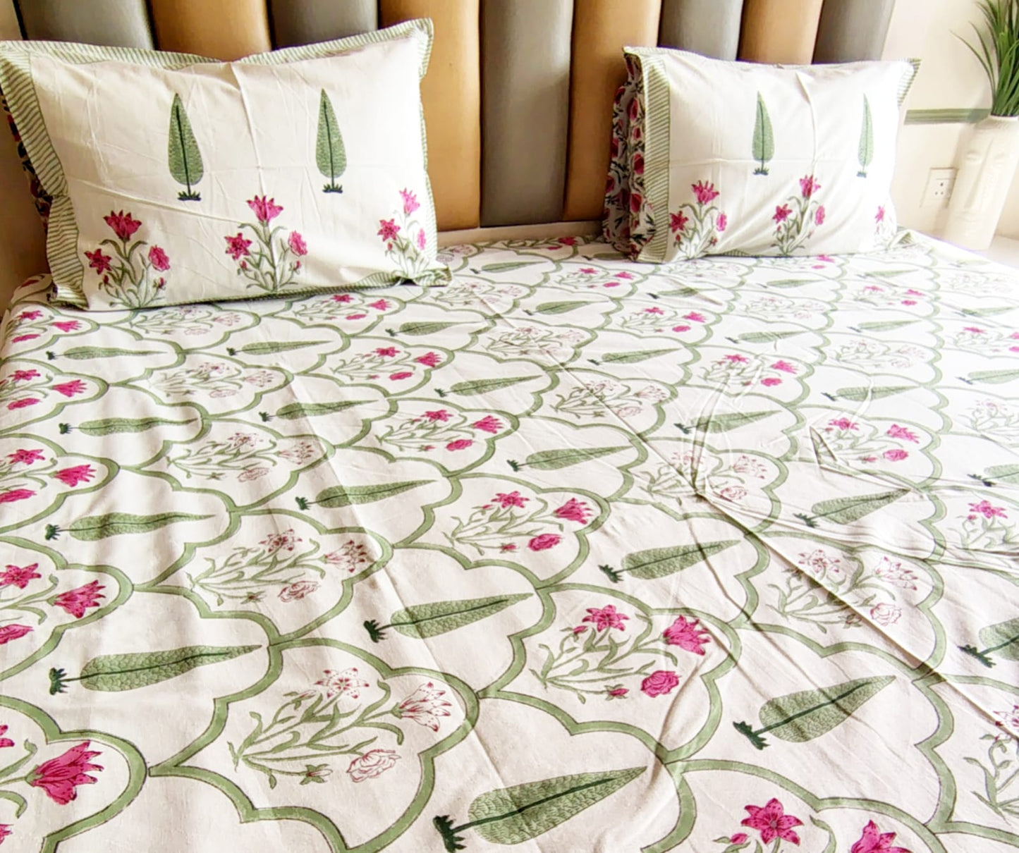 Pine Tree Block Printed Bedsheet with Two Reversible Pillow Covers