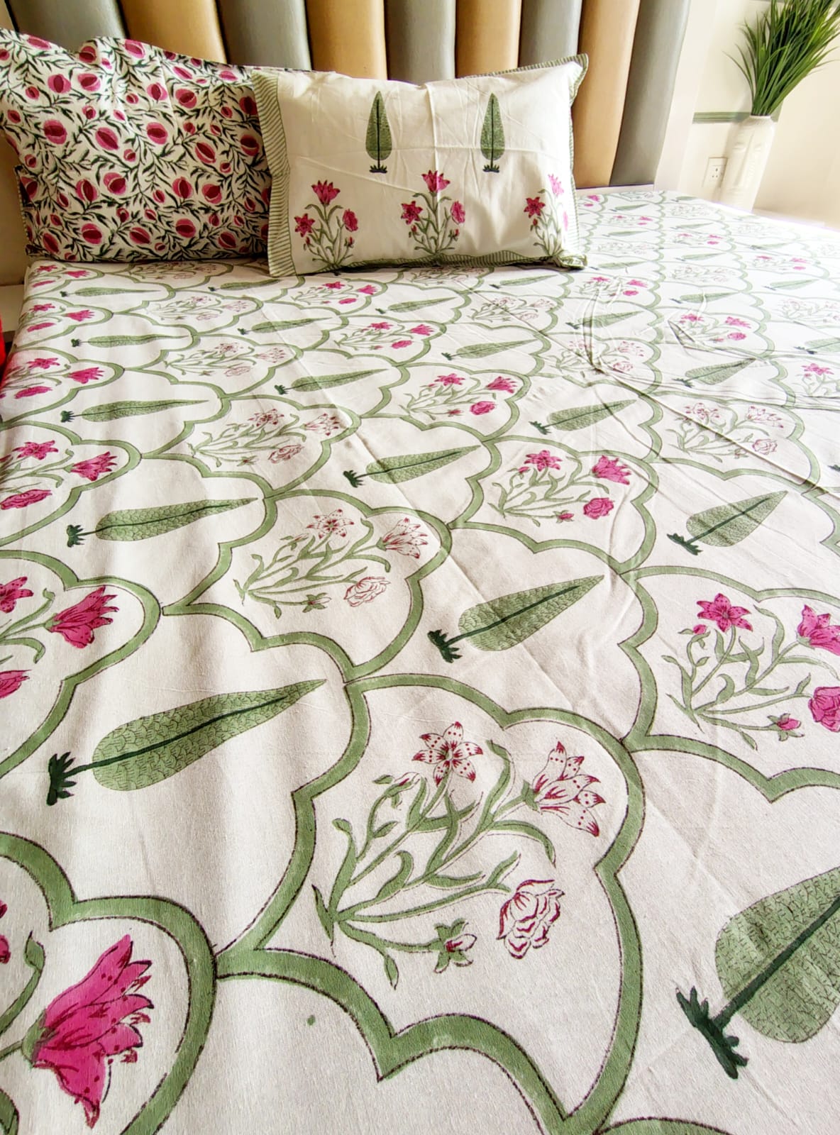 Pine Tree Block Printed Bedsheet with Two Reversible Pillow Covers