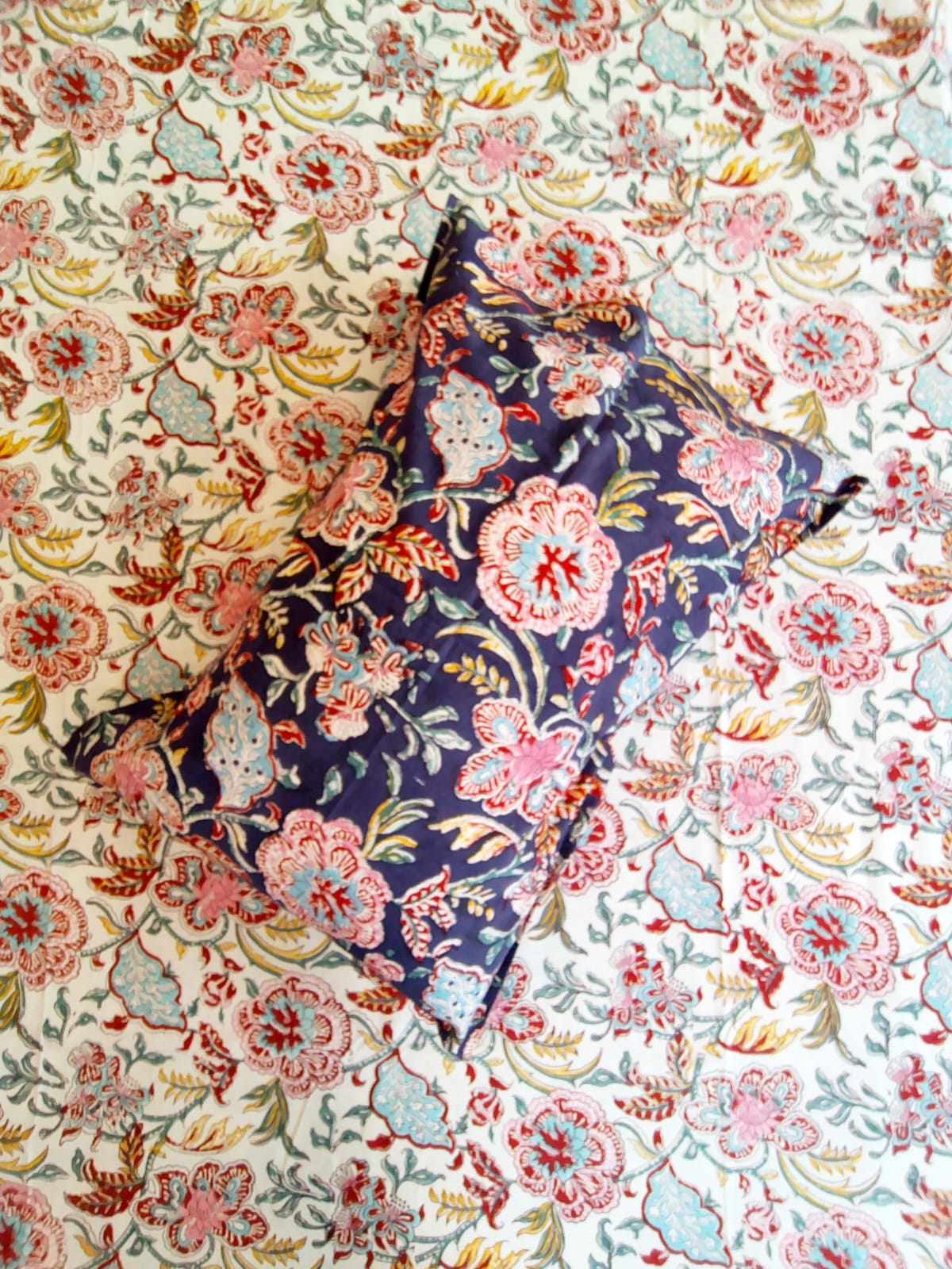 Begum Purple Floral Block Printed Bedsheet with Two Reversible Pillow Covers