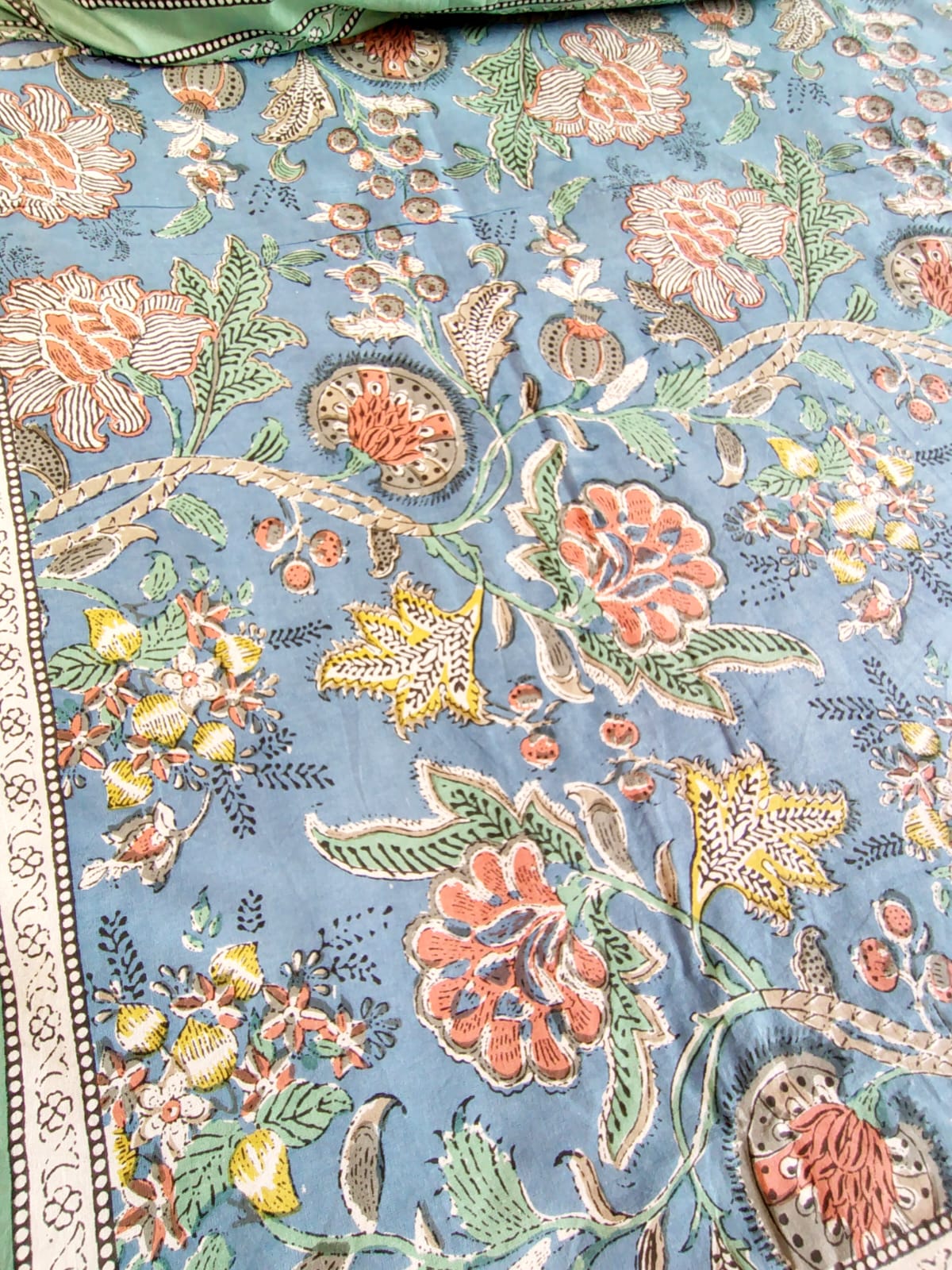 Blue Floral Jaal Traditional Printed Bedsheet with Two Reversible Pillow Covers