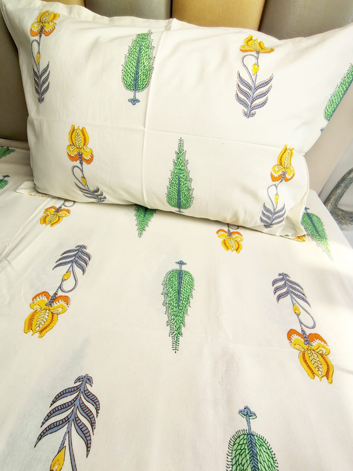 Yellow Pine Traditional Printed Bedsheet with Two Reversible Pillow Covers