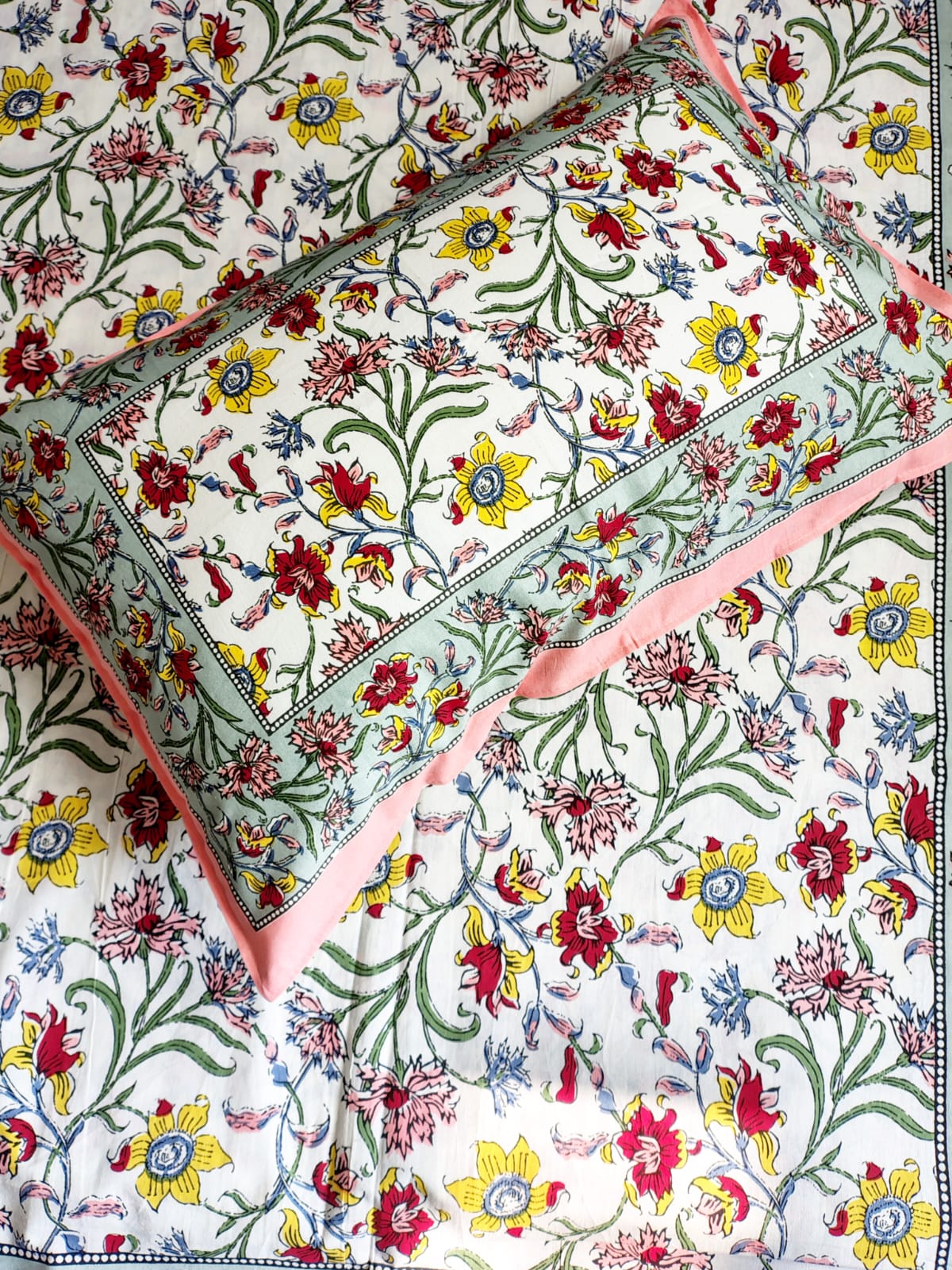 Yellow Marie Traditional Printed Bedsheet with Two Reversible Pillow Covers