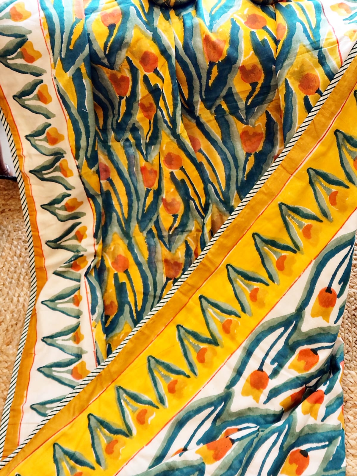Yellow Tulip Hand Block Reversible Dohar