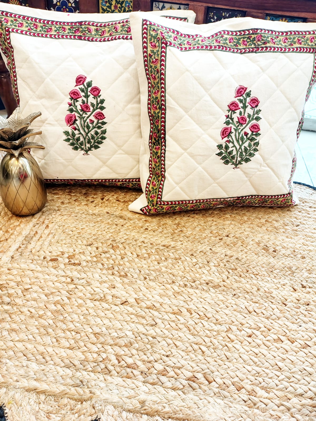 Set of 2 Hand Block Cushion Covers- Quilted