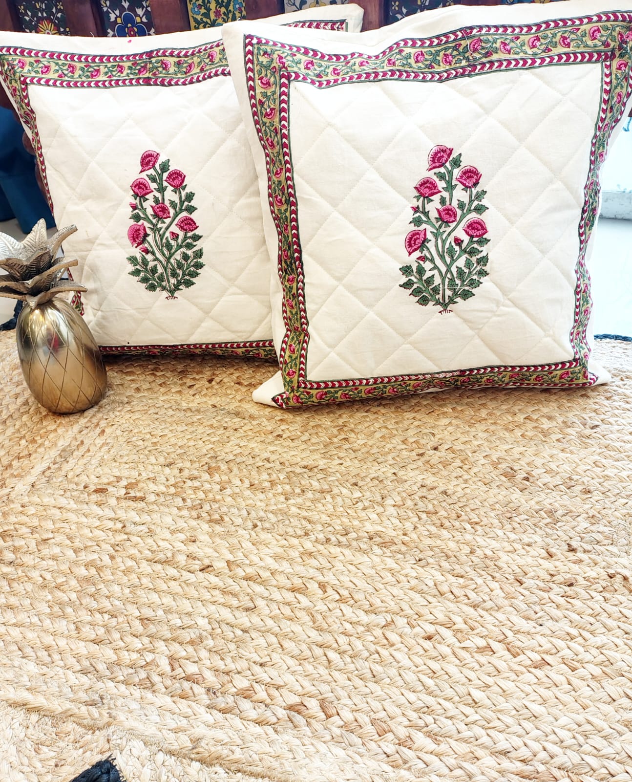 Set of 2 Hand Block Cushion Covers- Quilted - Bichhavans