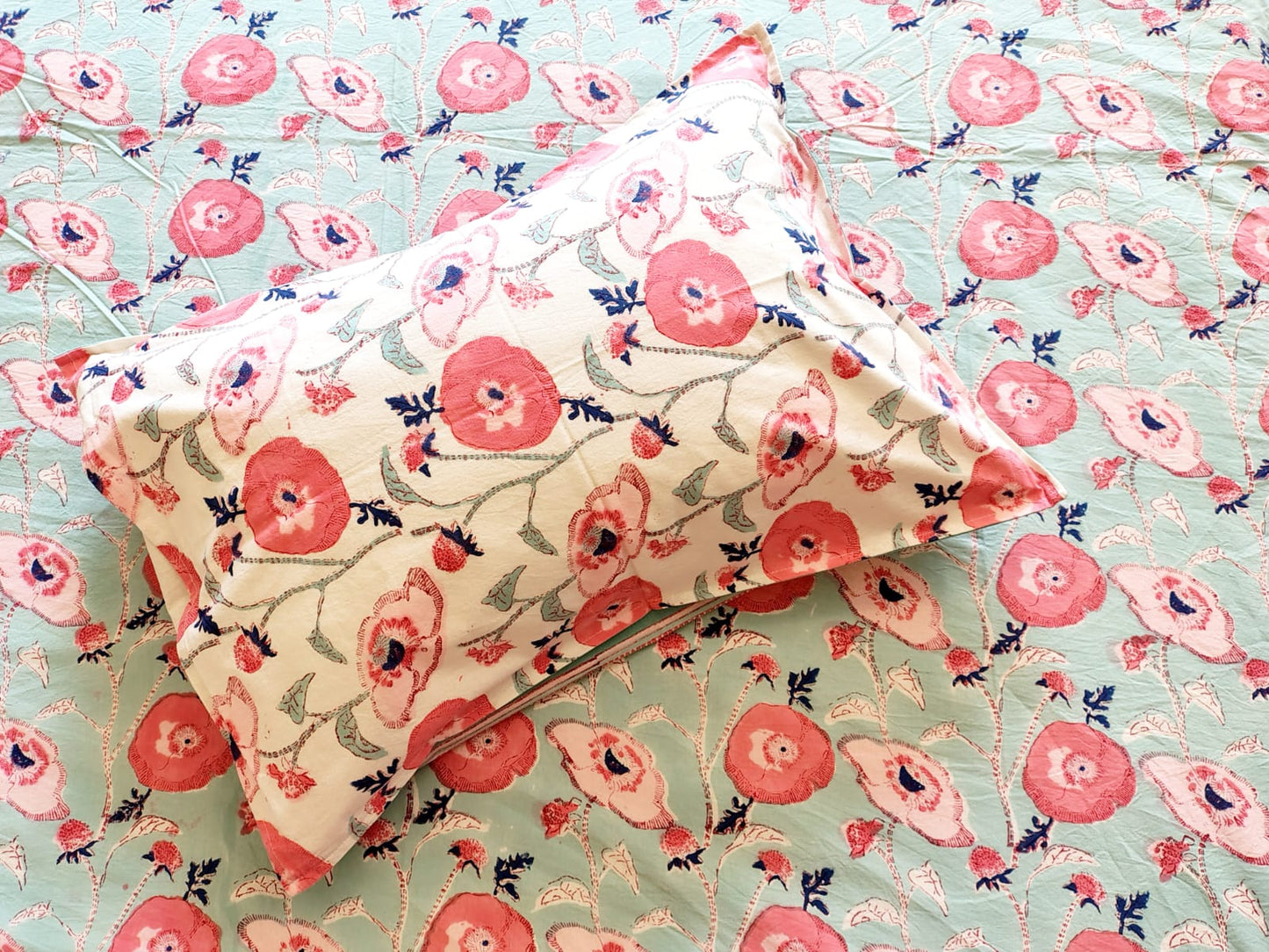Lotus Leaf Hand Block Bedsheet with Two Reversible Pillow Covers