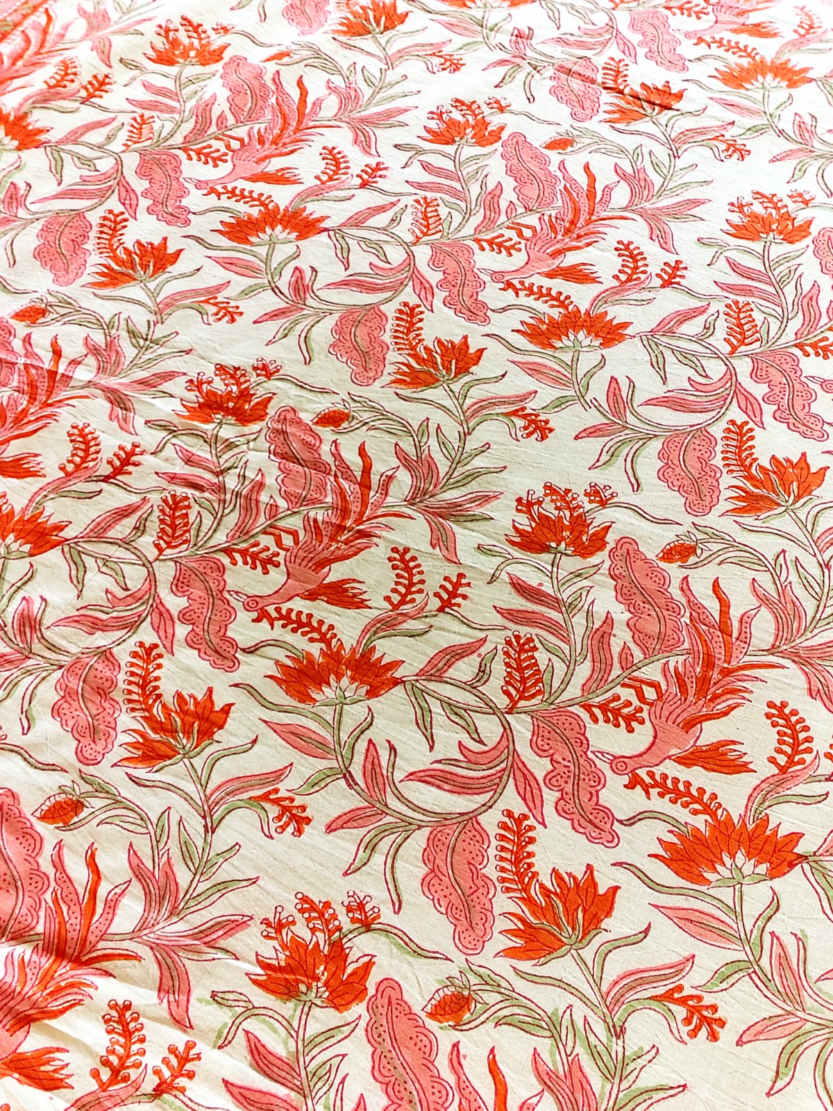 White Peacock Block Printed Bedsheet with Two Reversible Pillow Covers
