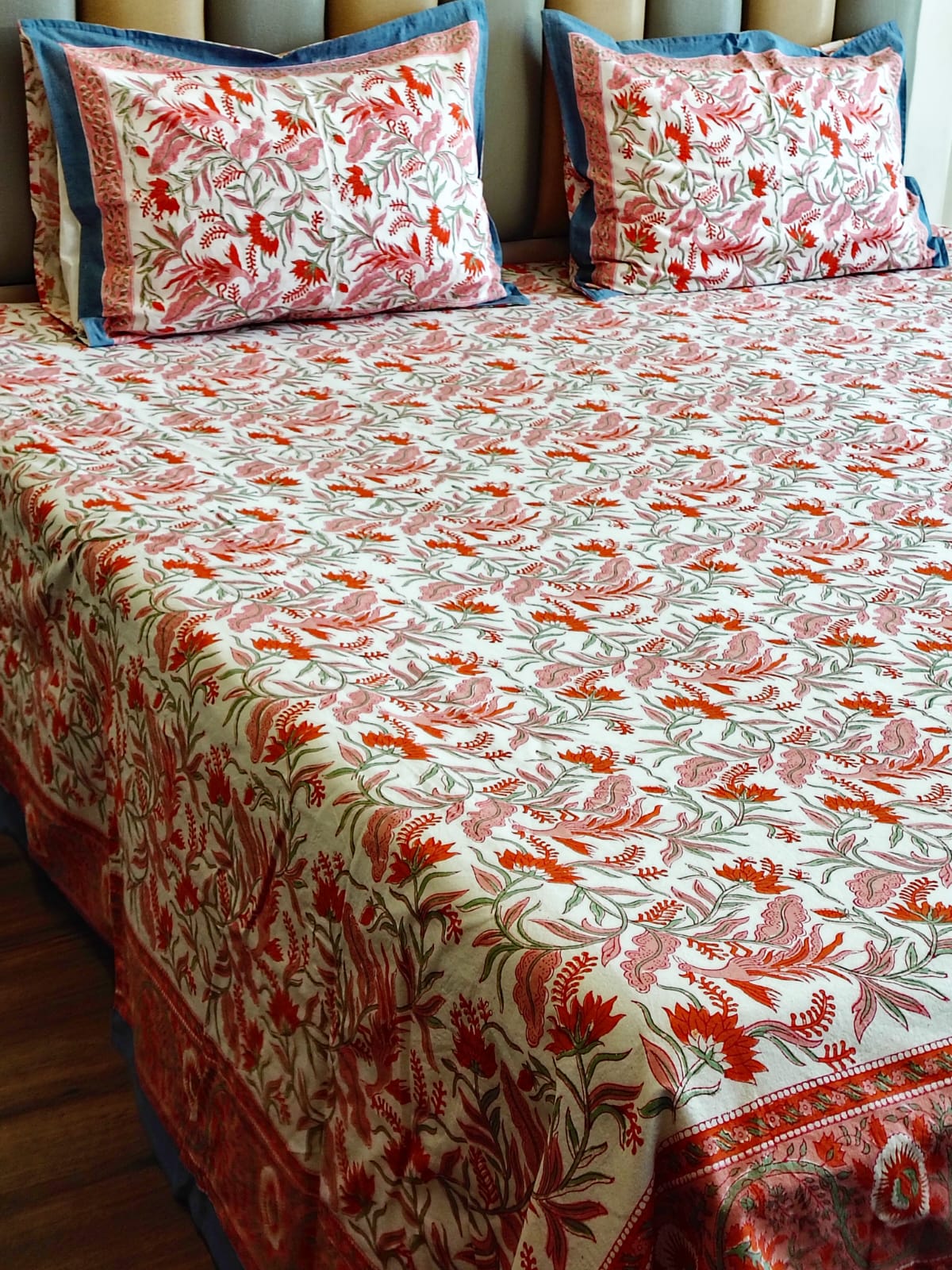 White Peacock Block Printed Bedsheet with Two Reversible Pillow Covers