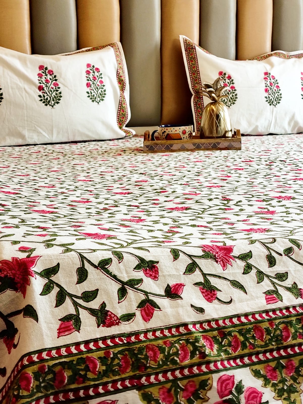 Pink Floral Jaal Block Printed Bedsheet with Two Reversible Pillow Covers