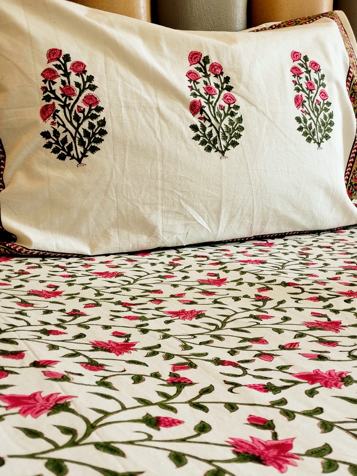Pink Floral Jaal Block Printed Bedsheet with Two Reversible Pillow Covers