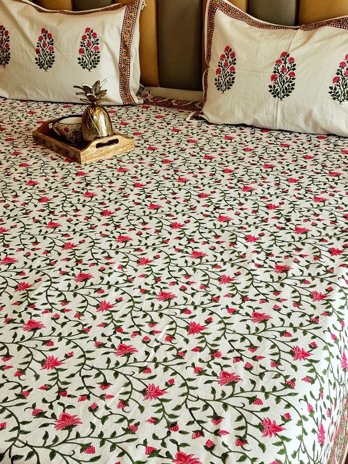 Pink Floral Jaal Block Printed Bedsheet with Two Reversible Pillow Covers