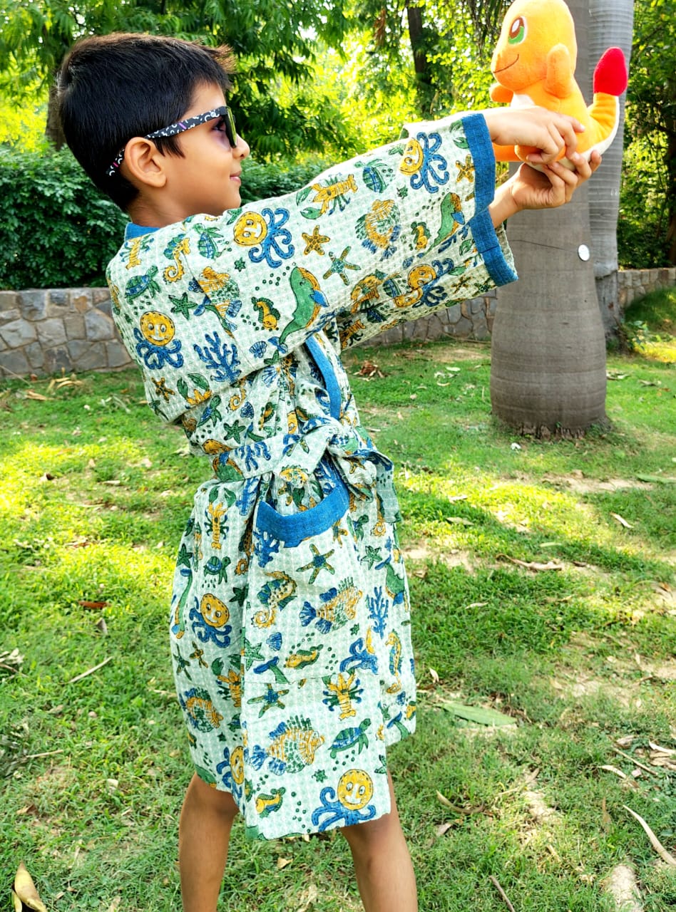 Blue Aqua Block Printed Kids Bathrobe