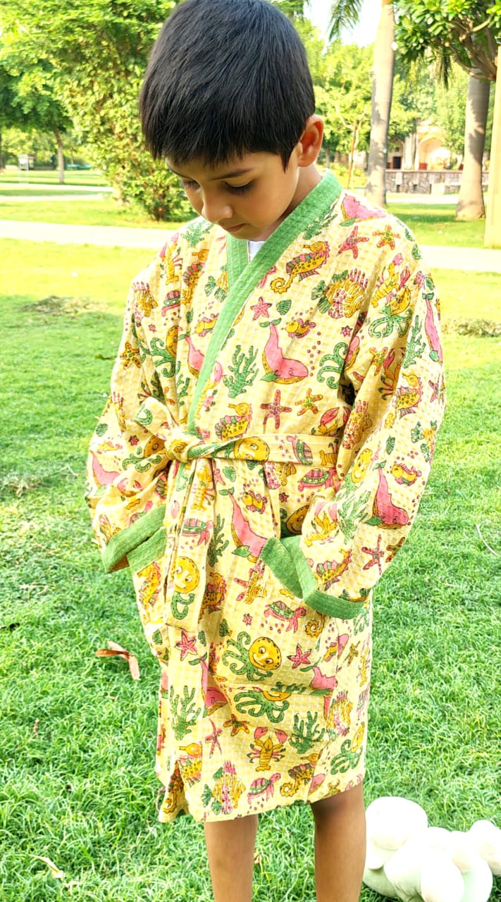 Yellow Aqua Block Printed Kids Bathrobe