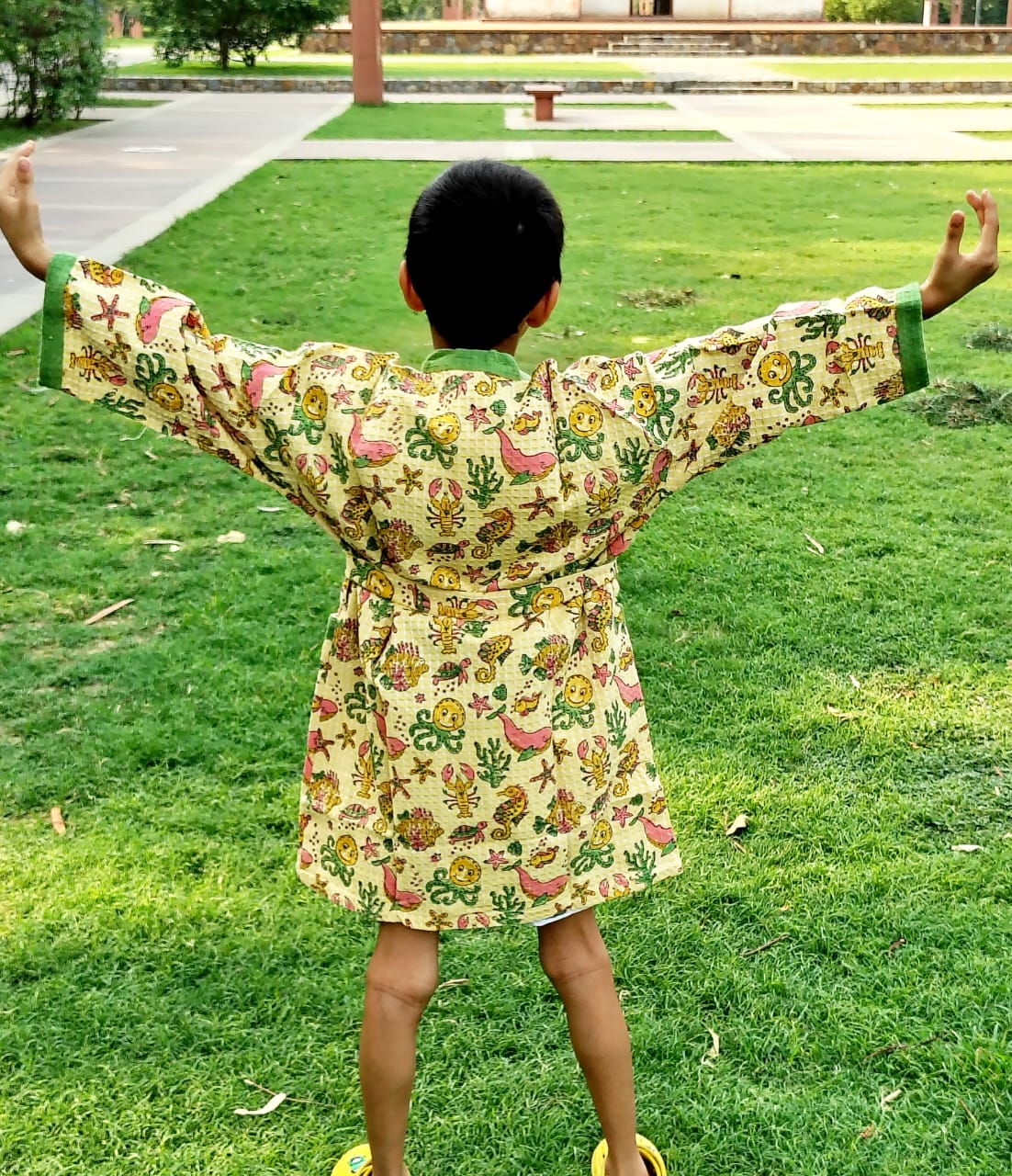 Yellow Aqua Block Printed Kids Bathrobe