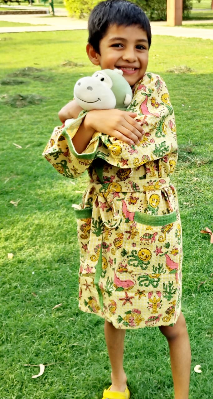 Yellow Aqua Block Printed Kids Bathrobe