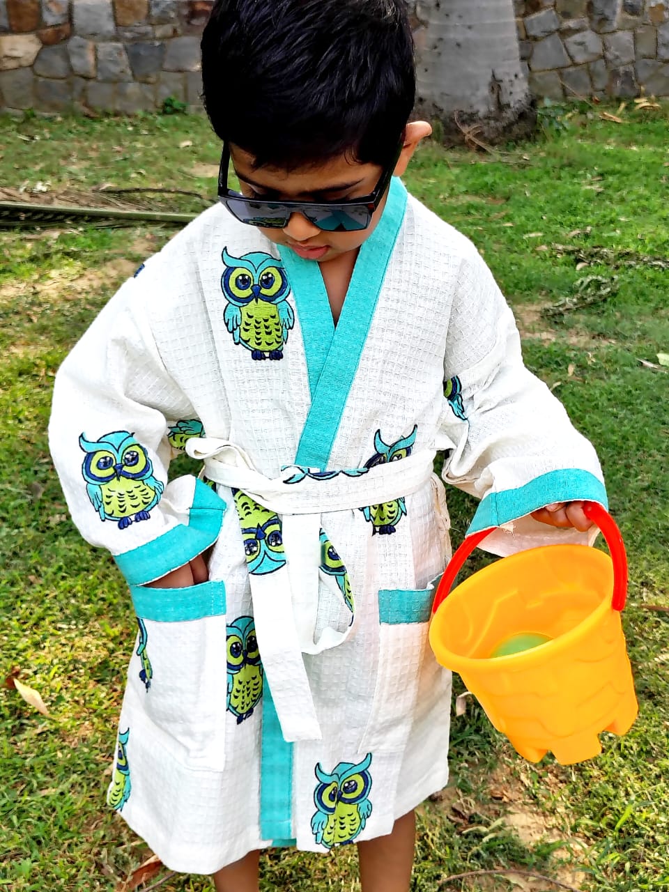 Owl Block Printed Kids Bathrobe