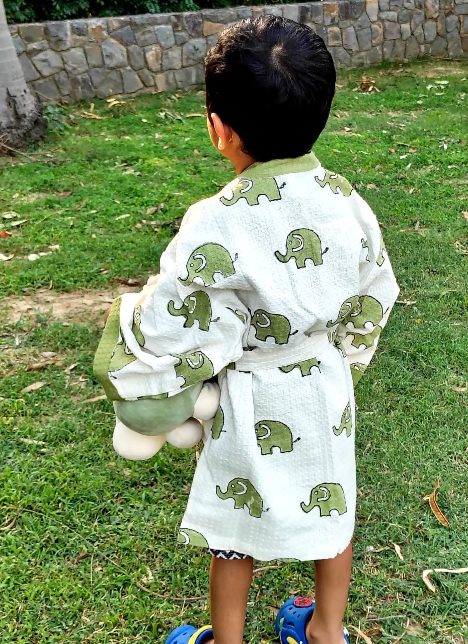 Elephant Block Printed Kids Bathrobe