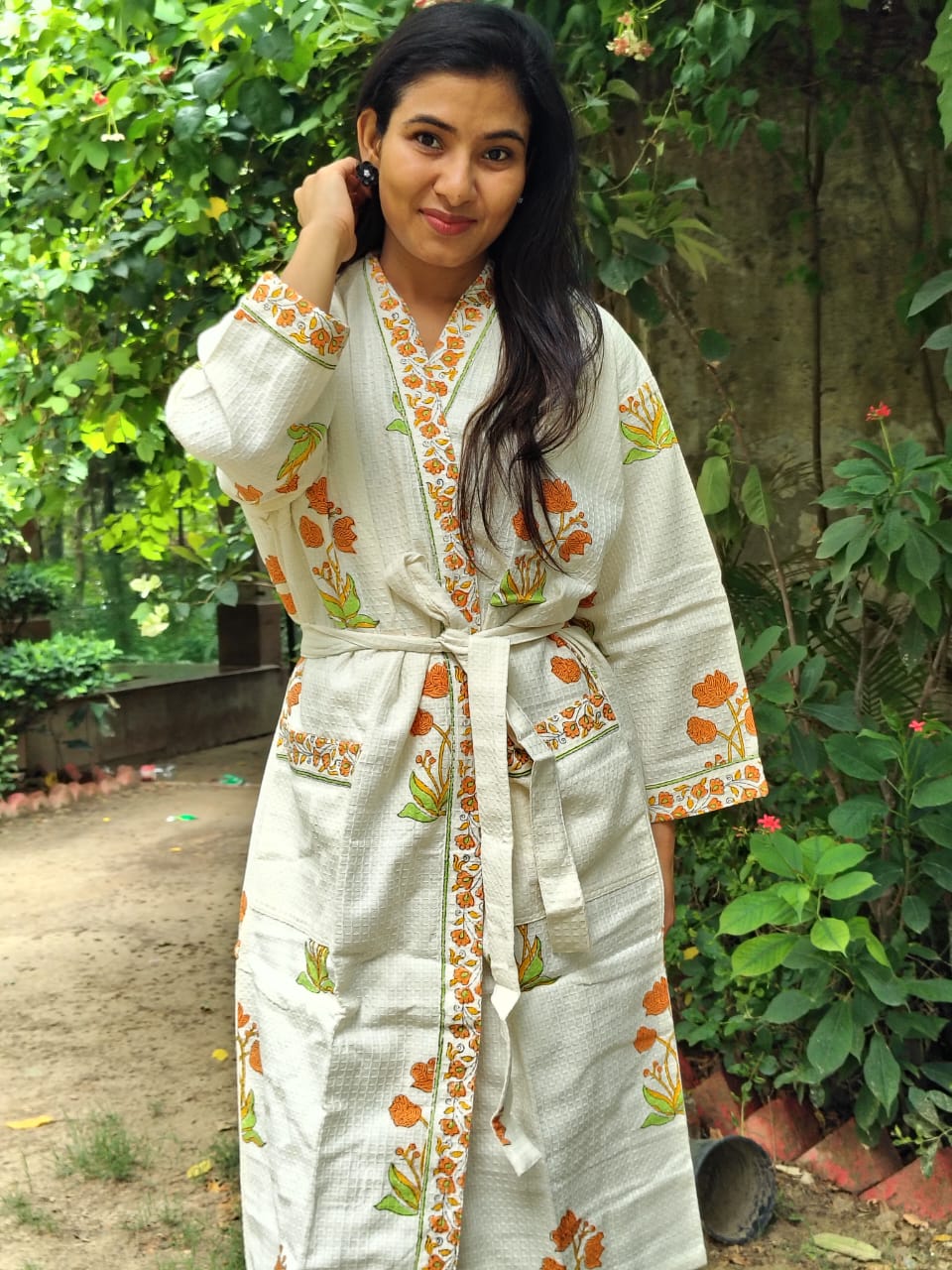 Yellow Bunch Printed Cotton Waffle Handblock Bathrobe