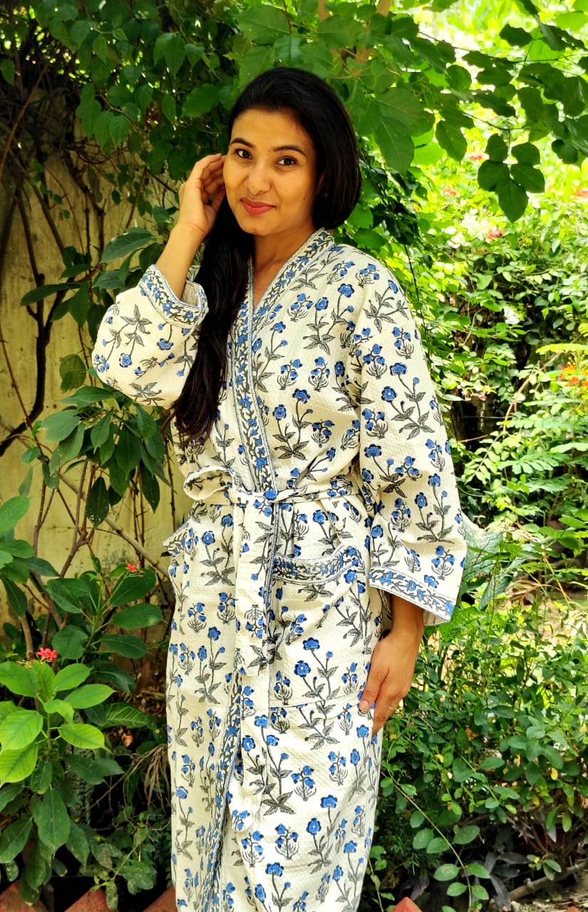 Blue Floral Jaal Printed Cotton Waffle Handblock Bathrobe