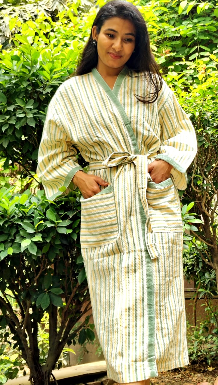 Stripe Cotton Waffle Handblock Bathrobe