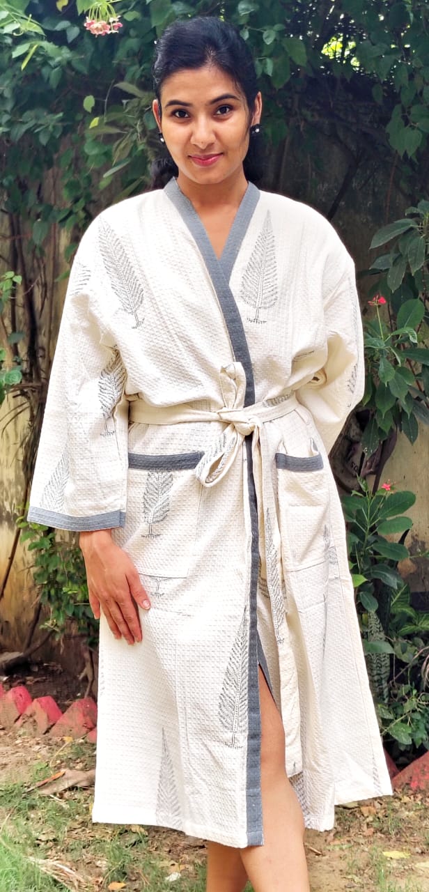 Grey Pine Printed Cotton Waffle Handblock Bathrobe