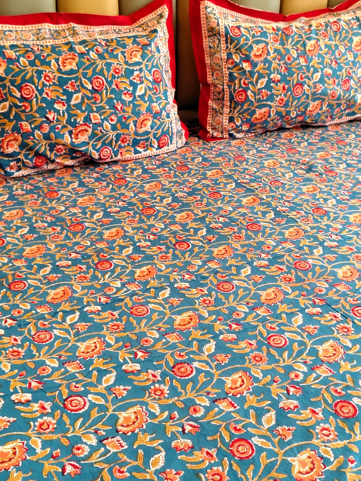 Begum Blue Floral Hand Block Bedsheet with Two Reversible Pillow Covers