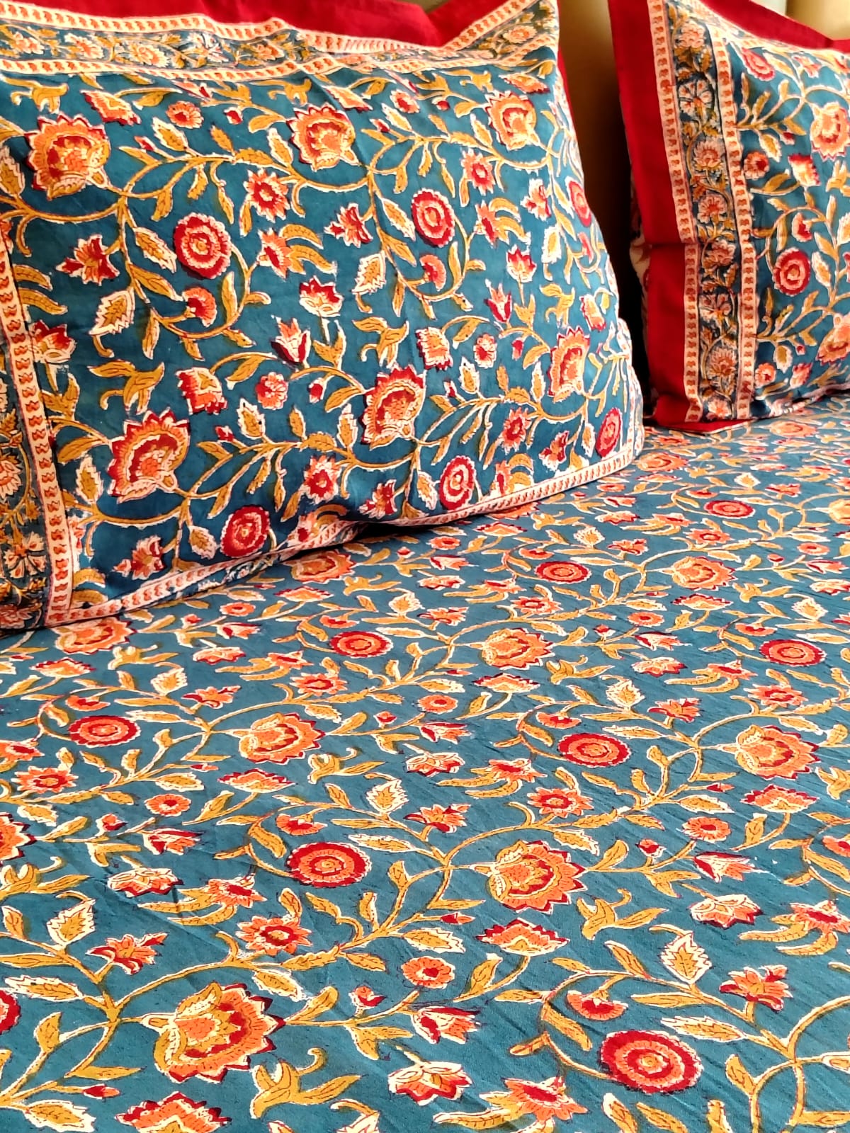 Begum Blue Floral Hand Block Bedsheet with Two Reversible Pillow Covers