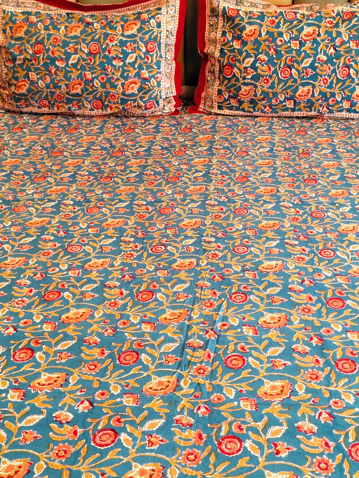 Begum Blue Floral Hand Block Bedsheet with Two Reversible Pillow Covers