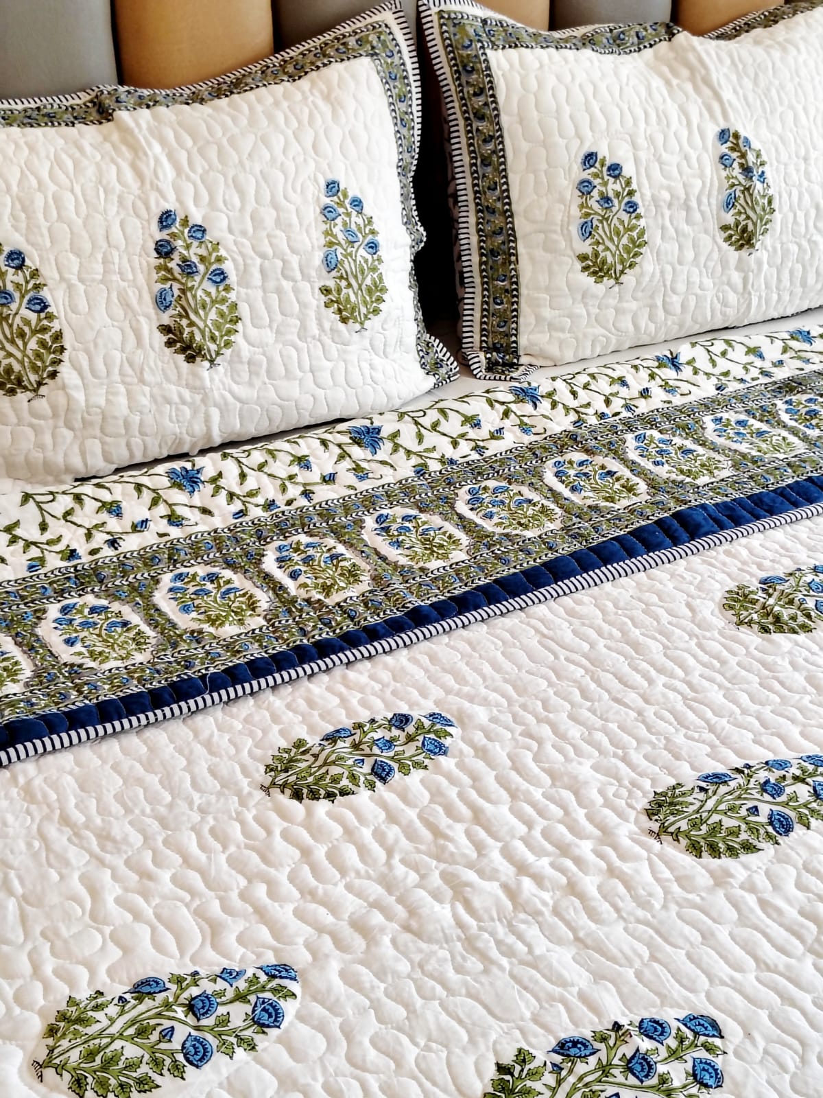 Blue Rose Block Print Bedsheet and Bedcover - 6 Piece Combo