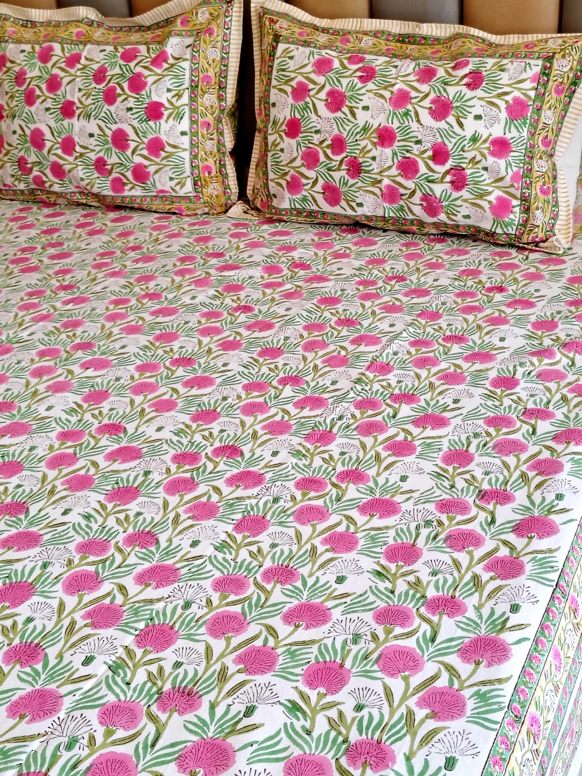 Pink Blossom Block Printed Bedsheet with Two Reversible Pillow Covers