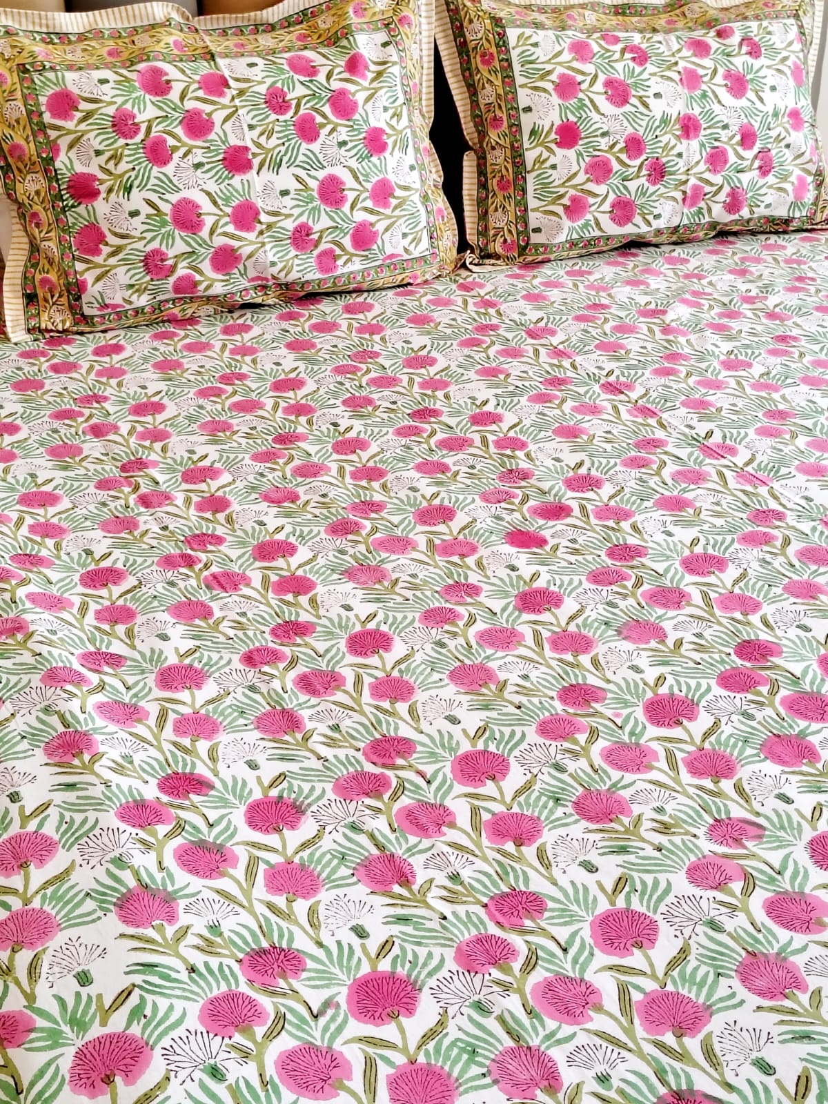 Pink Blossom Block Printed Bedsheet with Two Reversible Pillow Covers