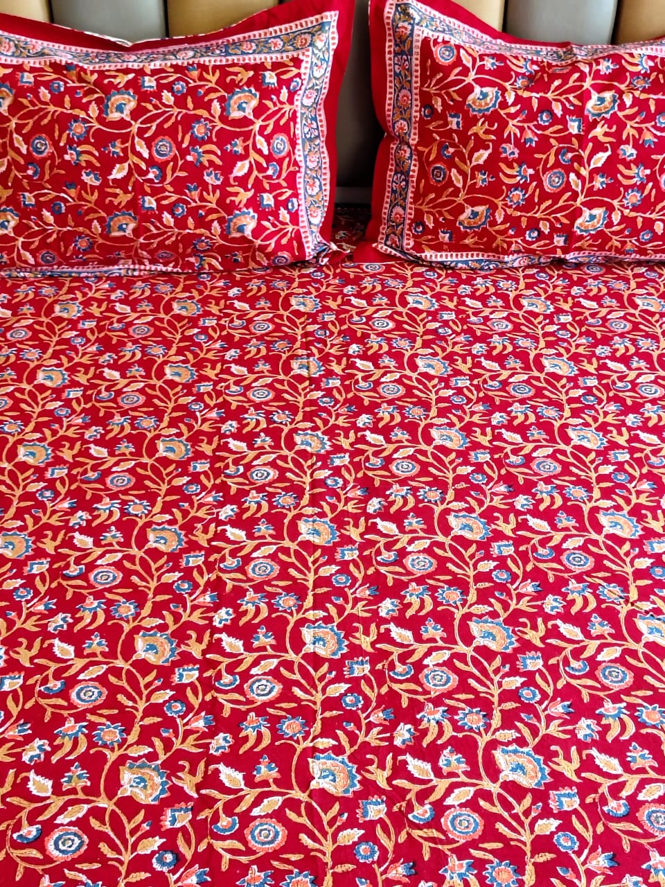 Begum Red Floral Block Printed Bedsheet with Two Reversible Pillow Covers
