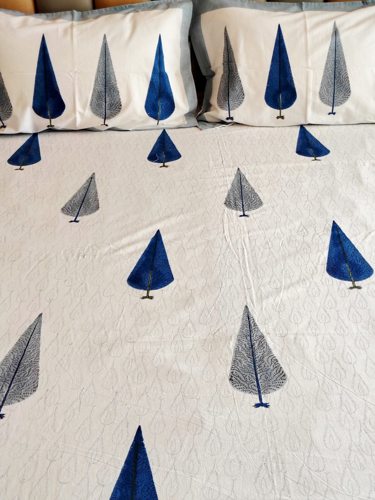 Begum Blue Pine Block Printed Bedsheet with Two Reversible Pillow Covers