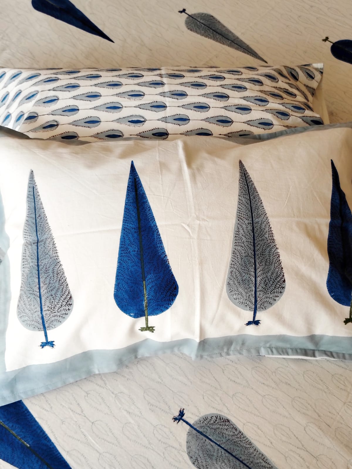 Begum Blue Pine Block Printed Bedsheet with Two Reversible Pillow Covers