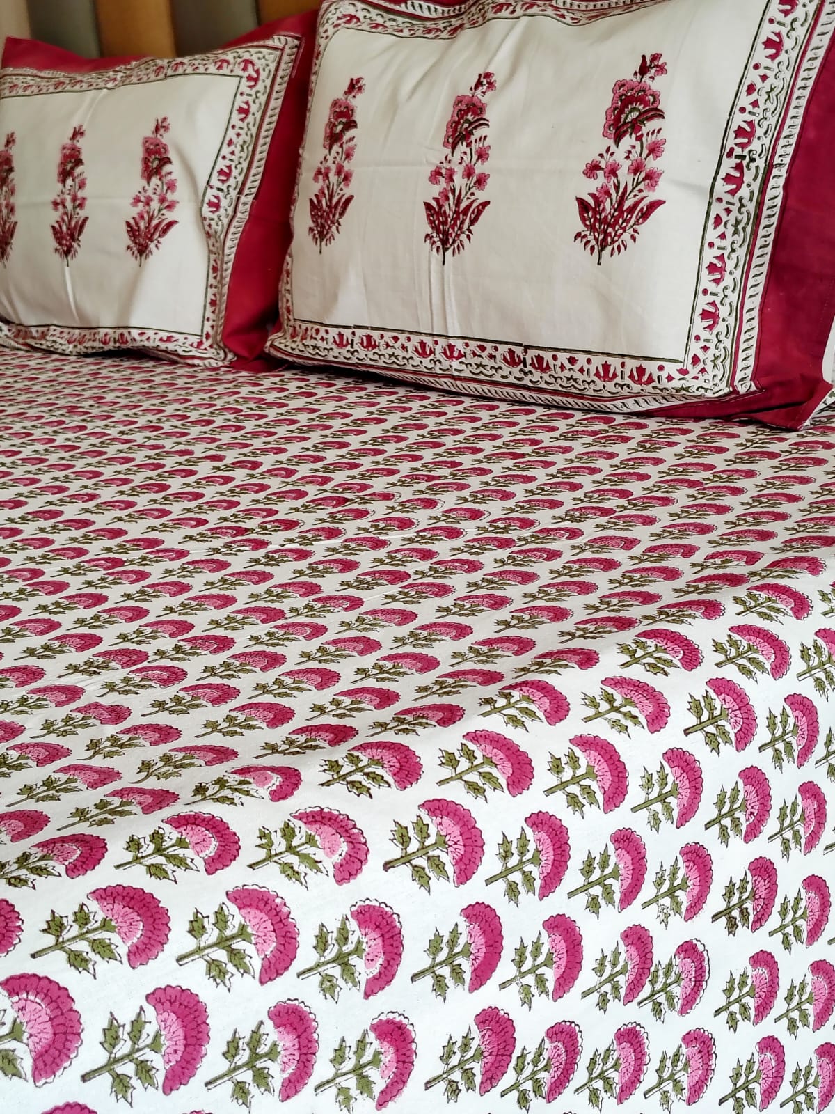 Red Floral Jaal Block Printed Bedsheet with Two Reversible Pillow Covers