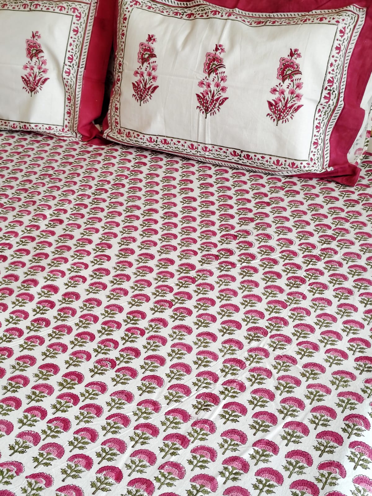 Red Floral Jaal Block Printed Bedsheet with Two Reversible Pillow Covers