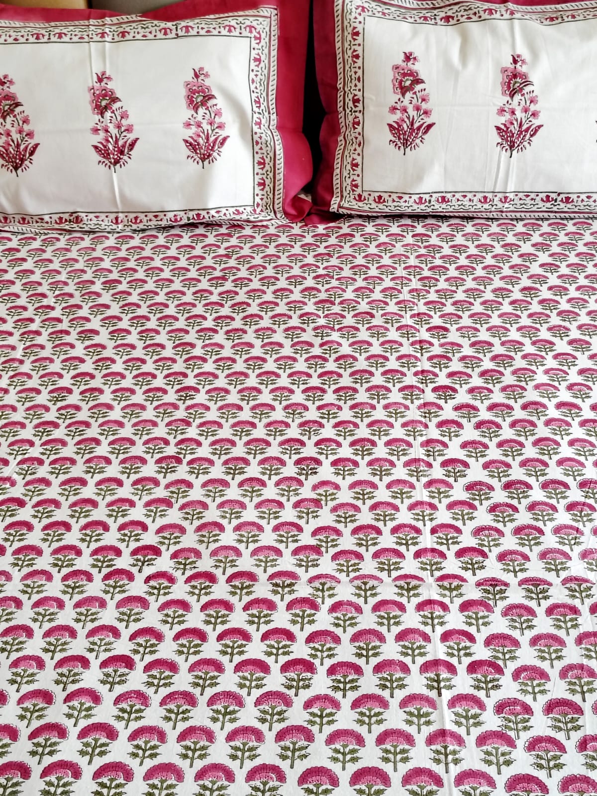 Red Floral Jaal Block Printed Bedsheet with Two Reversible Pillow Covers