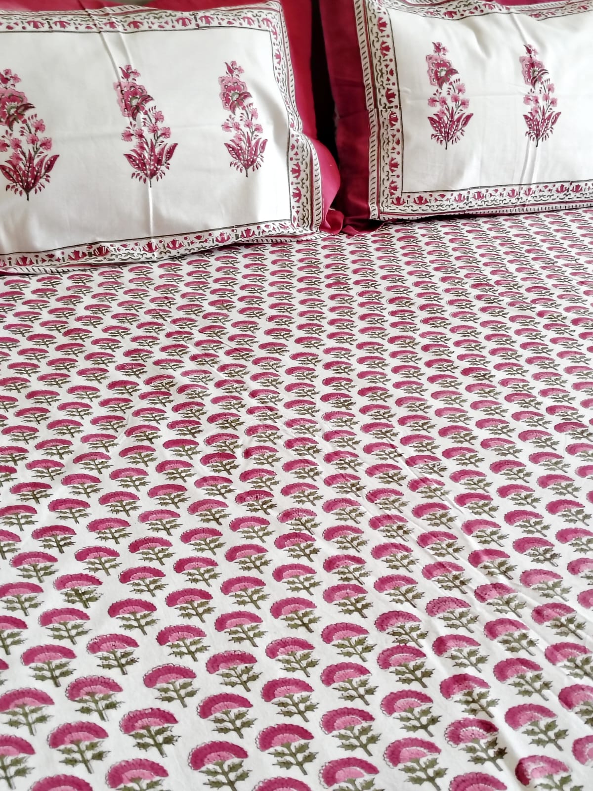 Red Floral Jaal Block Printed Bedsheet with Two Reversible Pillow Covers