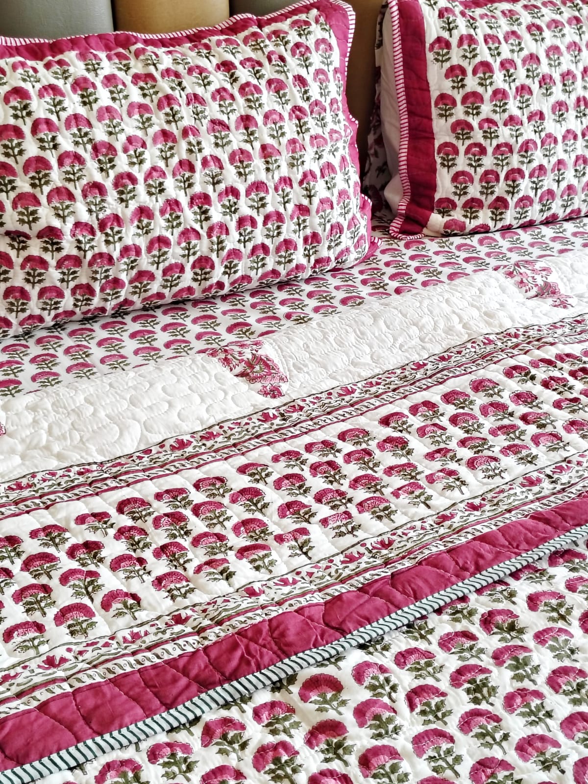 Red Floral Jaal Quilted Bedcover Set