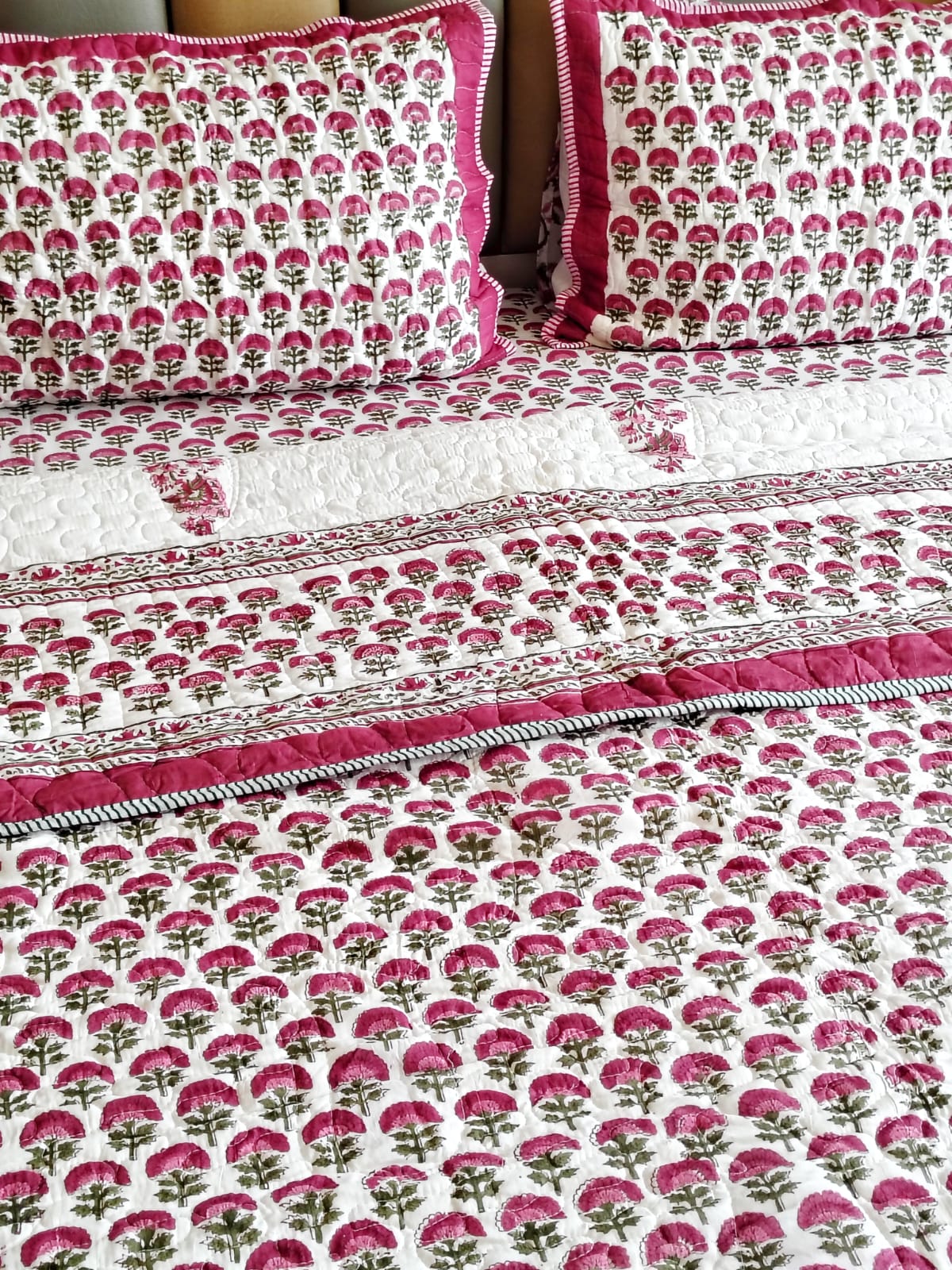 Red Floral Jaal Quilted Bedcover Set