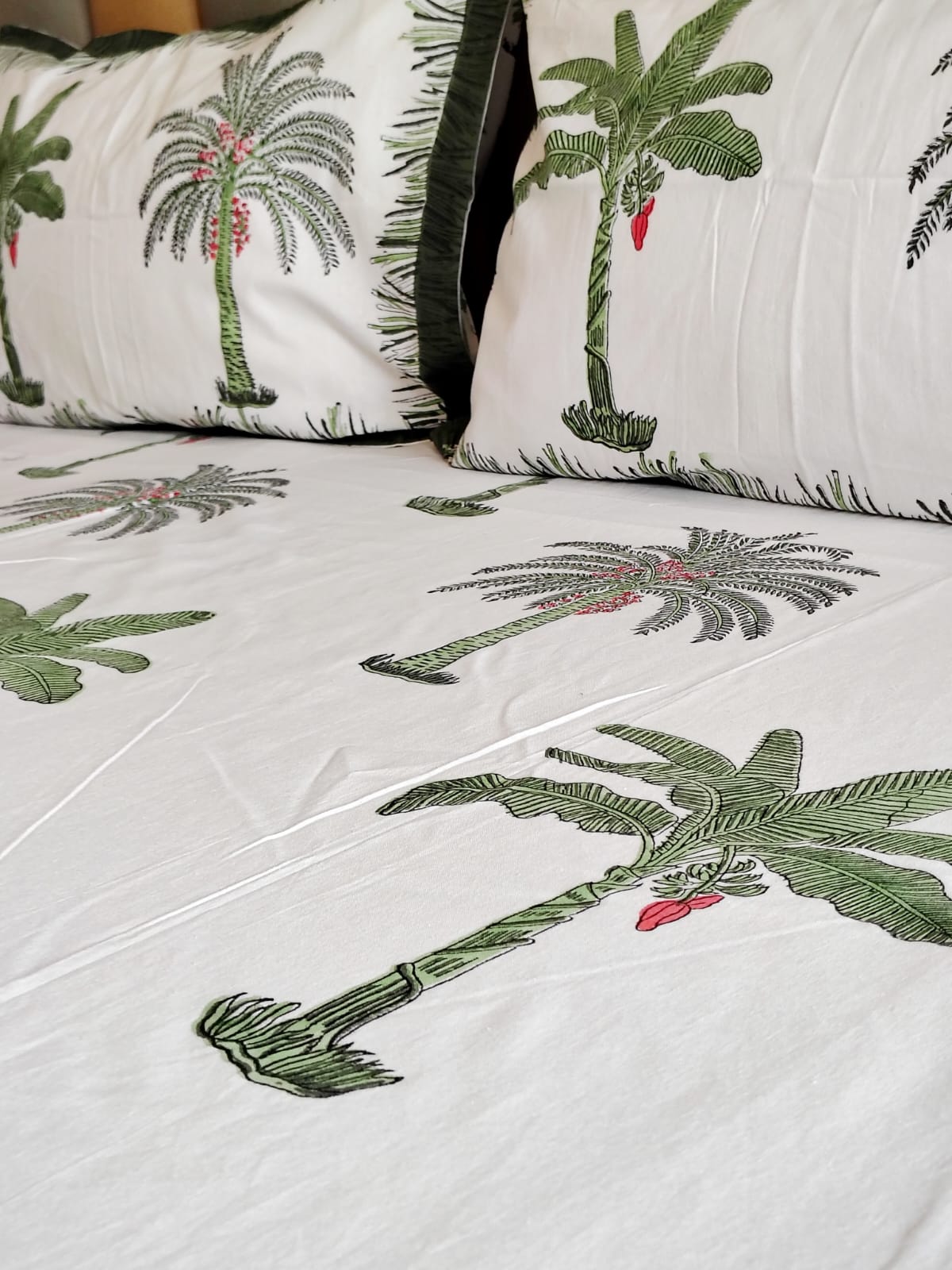 Green Palm Tree Block Printed Bedsheet with Two Reversible Pillow Covers