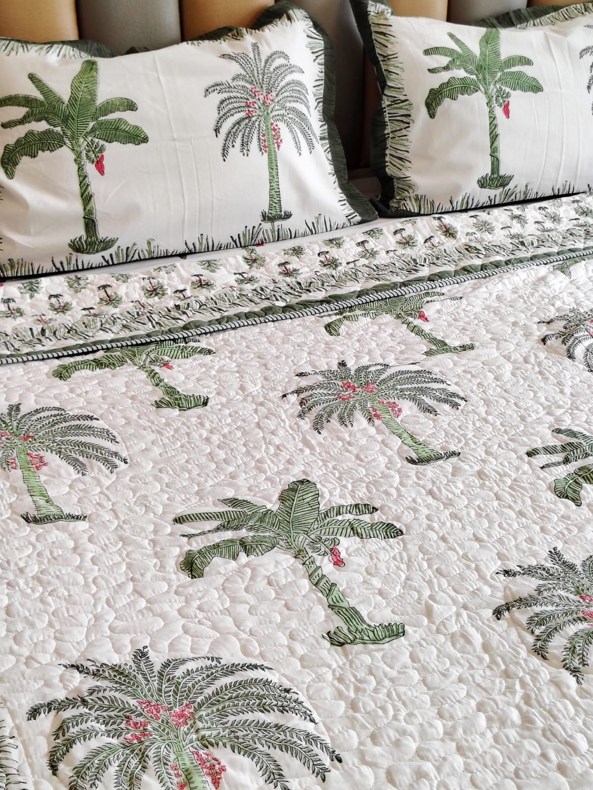 Green Palm Tree Block Print Bedsheet and Bedcover - 4 Piece Combo