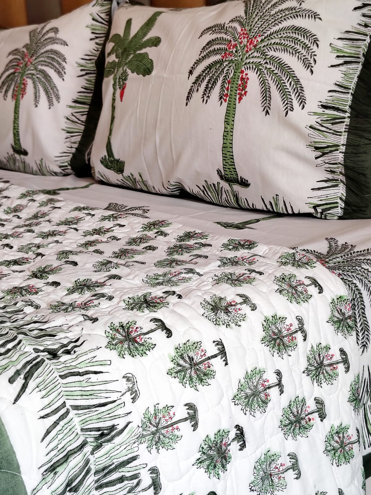 Green Palm Tree Block Print Bedsheet and Bedcover - 4 Piece Combo