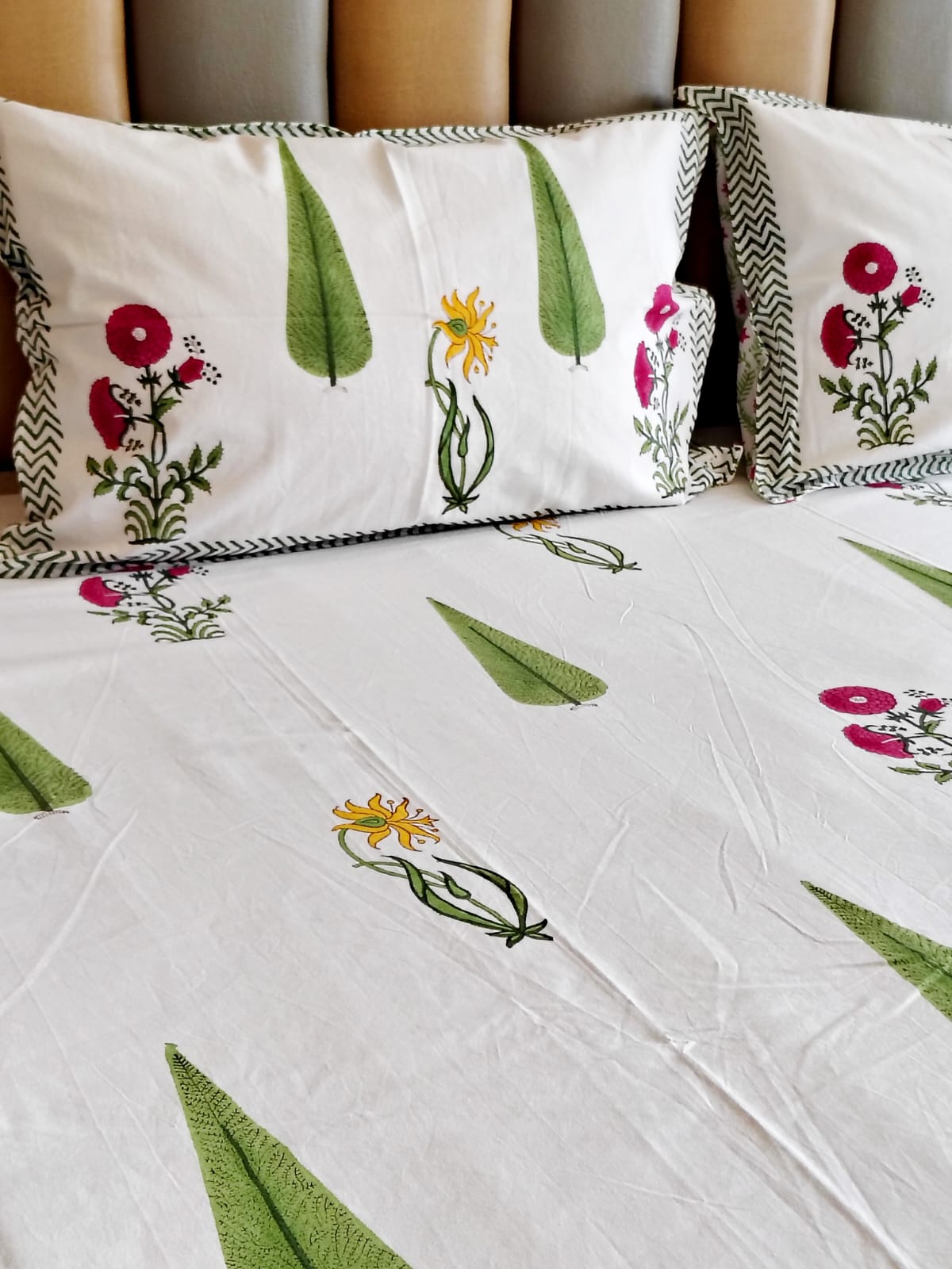 Begum White Forest Block Bedsheet with Two Reversible Pillow Covers