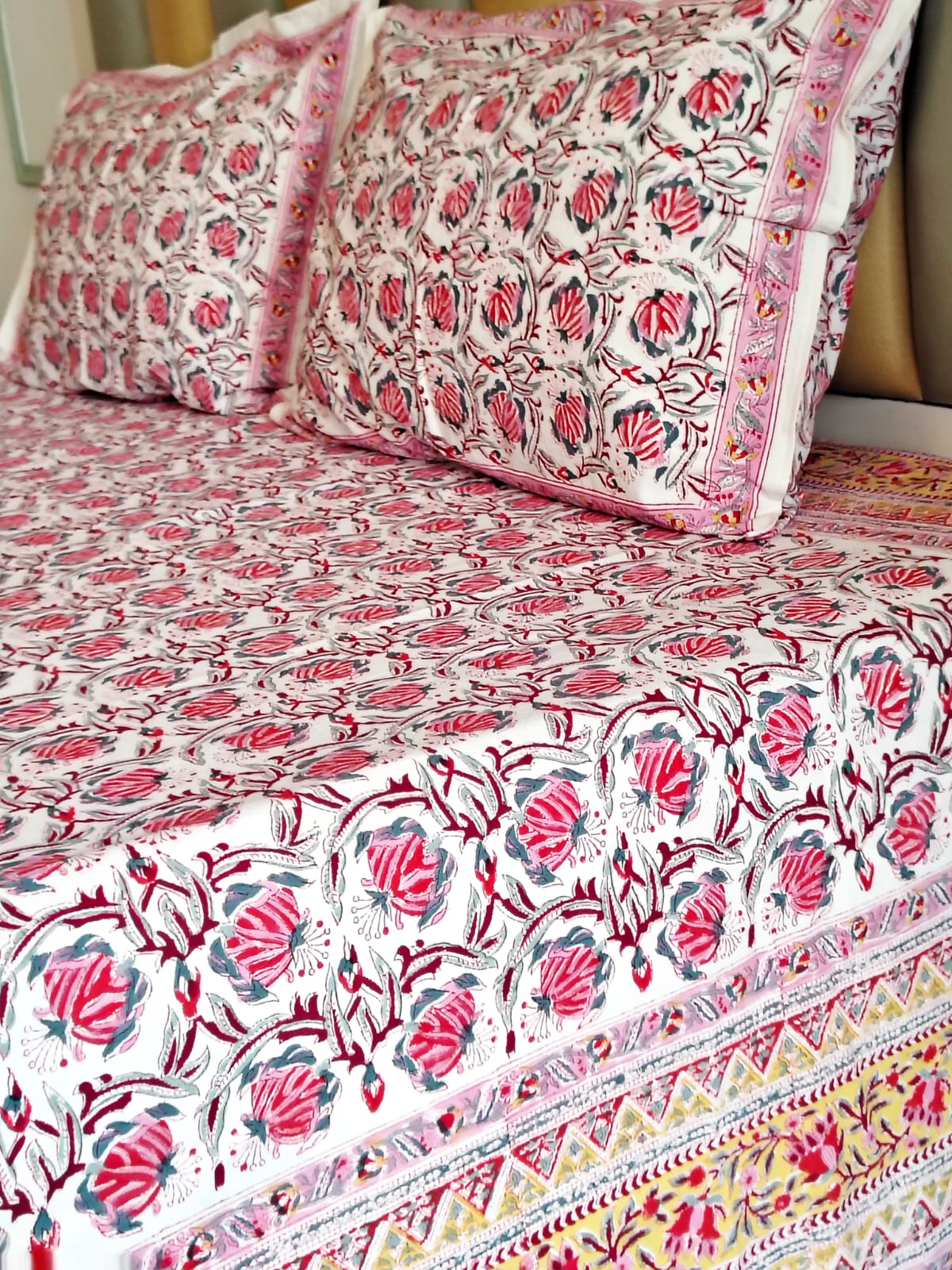 Red Lily Hand Block Bedsheet with Two Reversible Pillow Covers
