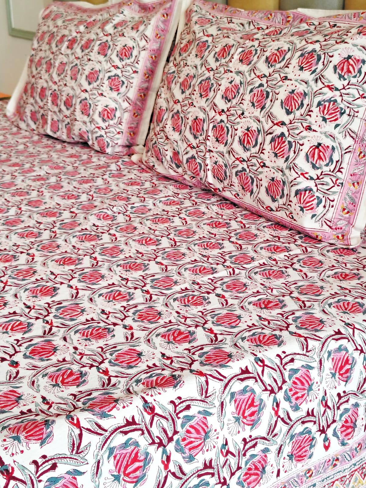 Red Lily Hand Block Bedsheet with Two Reversible Pillow Covers