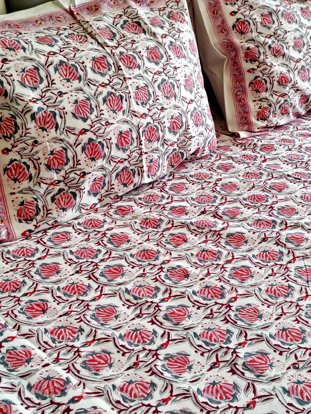Red Lily Hand Block Bedsheet with Two Reversible Pillow Covers