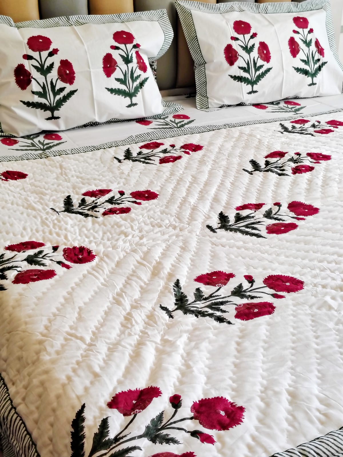 Begum Red Block Reversible Single Bed Quilt - Bichhavans
